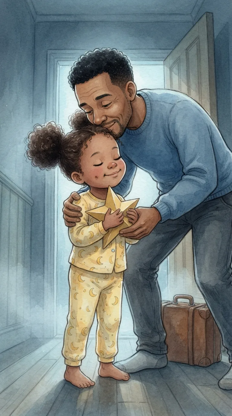 The demo page as drawn: a father hugs his daughter, a suitcase on the floor between his feet